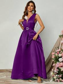 Solid Belted Satin Dress - Purple - View 3