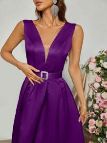 Solid Belted Satin Dress - Purple - View 4