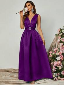 Solid Belted Satin Dress - Purple - View 6
