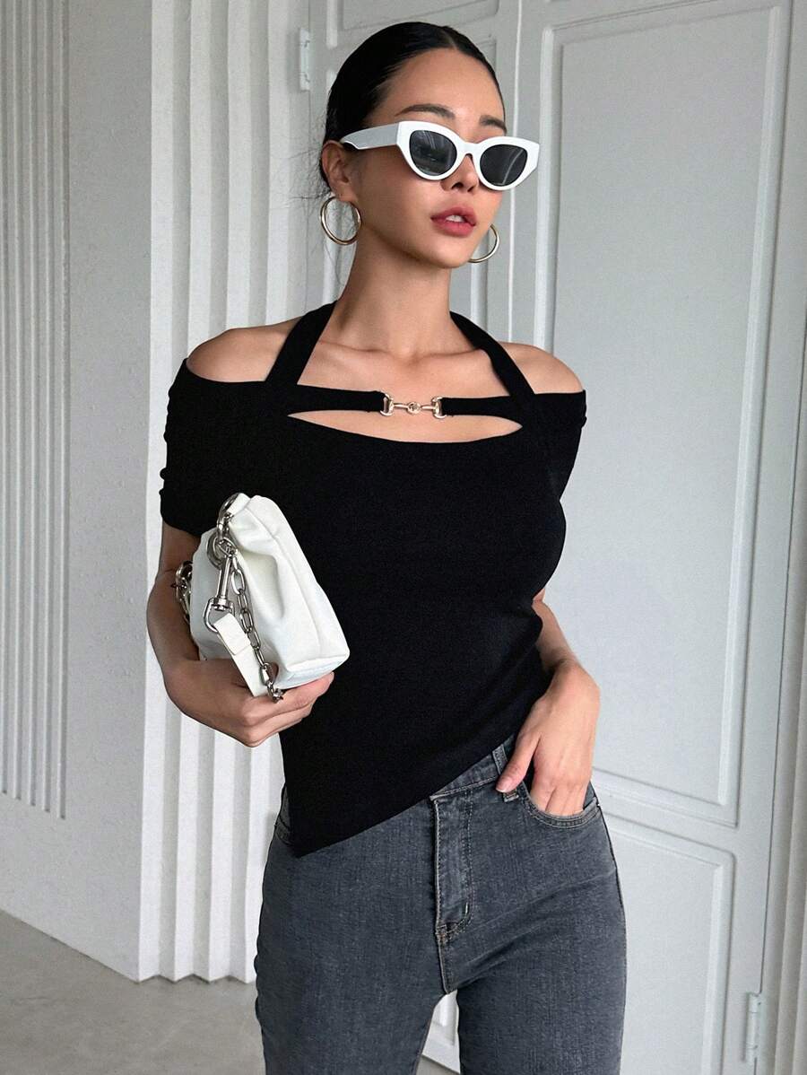DAZY Chất rắn Chuỗi liên kết Halter Neck Viền không đối xứng Áo thun - màu đen - Xem 1