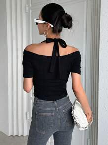 DAZY Chất rắn Chuỗi liên kết Halter Neck Viền không đối xứng Áo thun - màu đen - Xem 2