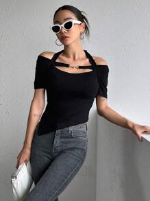 DAZY Chất rắn Chuỗi liên kết Halter Neck Viền không đối xứng Áo thun - màu đen - Xem 7
