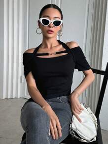 DAZY Chất rắn Chuỗi liên kết Halter Neck Viền không đối xứng Áo thun - màu đen - Xem 9