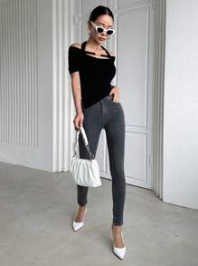 DAZY Chất rắn Chuỗi liên kết Halter Neck Viền không đối xứng Áo thun - màu đen - Xem 10