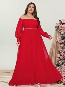 Plus Off Shoulder Lantern Sleeve Dress - Red - View 1