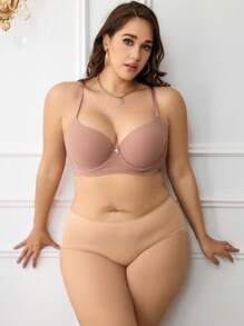 Plus Size Dusty Pink Plain Casual Push Up Bra Medium Stretch Fabric Underwire - Dusty Pink - View 3