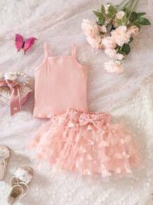 嬰兒素色木耳邊吊帶上衣和蝴蝶貼花前蝴蝶結網紗半身裙 - 淺粉色 - 查看 3