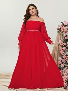 Plus Off Shoulder Lantern Sleeve Dress - Red - View 4