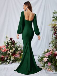 Vestido de vestir de cuello cuadrado pecho con fruncido bajo sirena de satén - Verde Oscuro - Ver 3