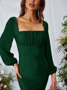 Vestido de vestir de cuello cuadrado pecho con fruncido bajo sirena de satén - Verde Oscuro - Ver 5