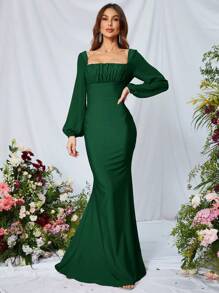 Vestido de vestir de cuello cuadrado pecho con fruncido bajo sirena de satén - Verde Oscuro - Ver 1