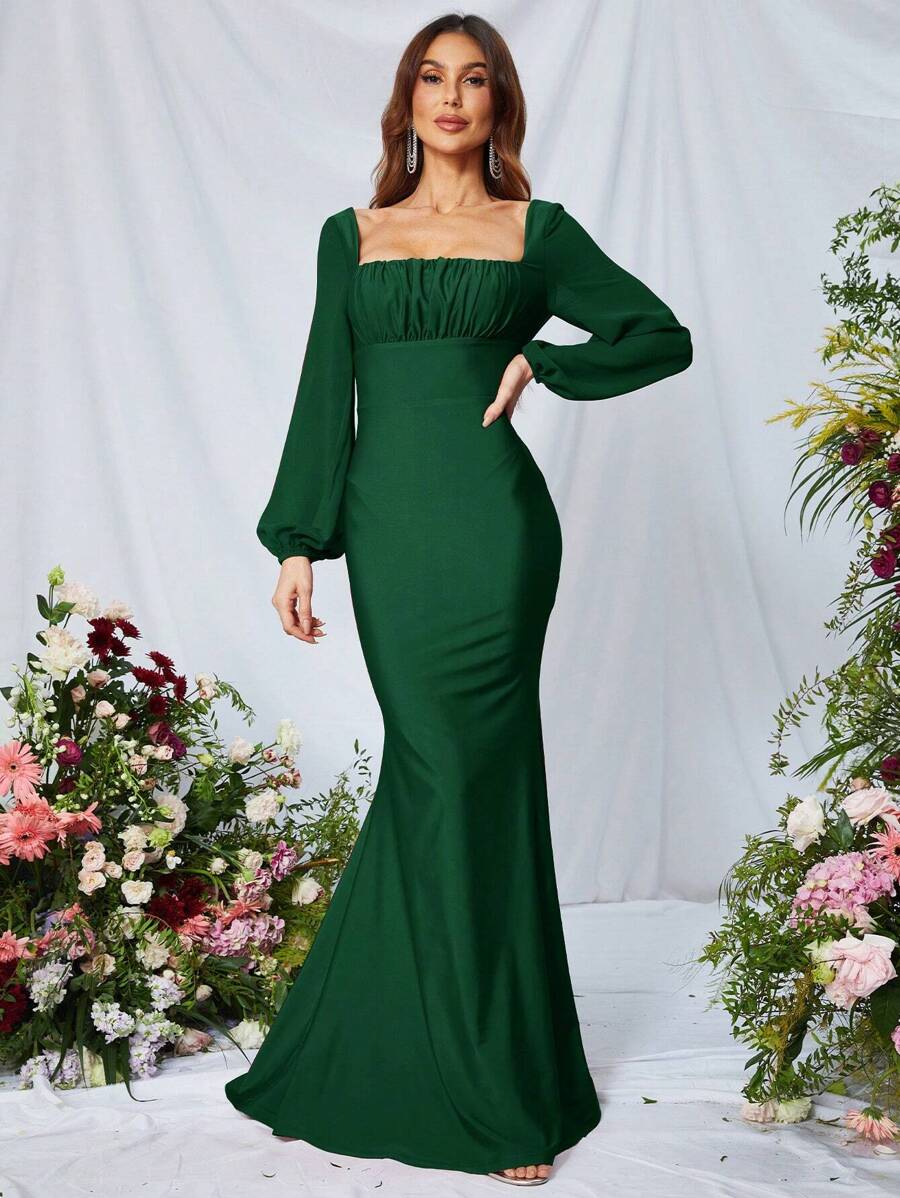 Vestido de vestir de cuello cuadrado pecho con fruncido bajo sirena de satén - Verde Oscuro - Ver 1