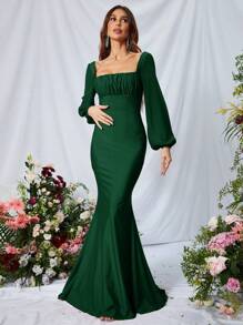 Vestido de vestir de cuello cuadrado pecho con fruncido bajo sirena de satén - Verde Oscuro - Ver 6