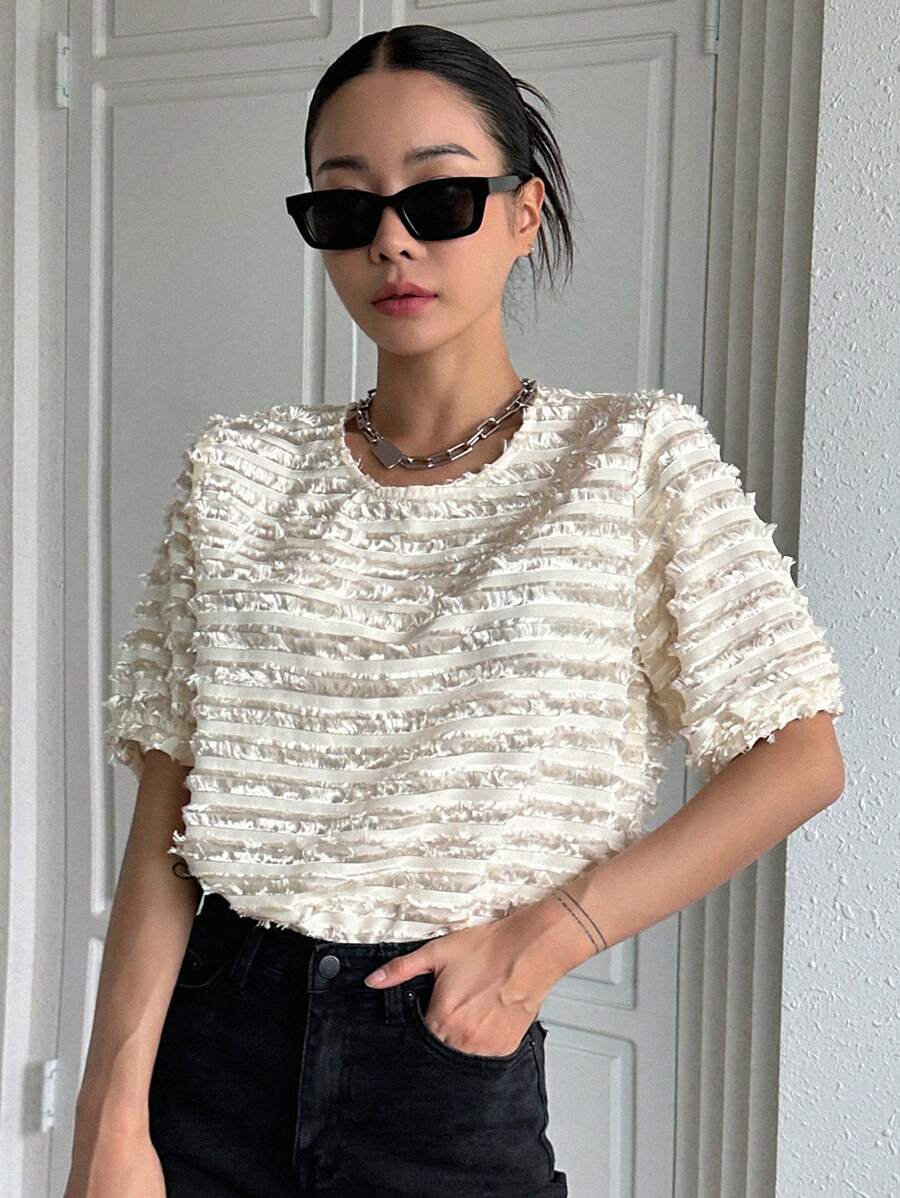 DAZY Áo sơ mi nữ Cắt ra màu trơn Giải trí - Màu be - Xem 1