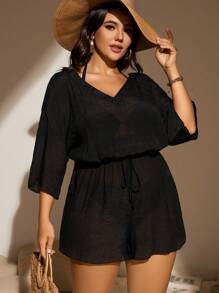 SHEIN Swim Curve Mono cover up de espalda abierta con cordón de hombros caídos sin bikini - Negro - Ver 2