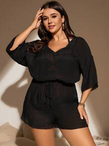 SHEIN Swim Curve Mono cover up de espalda abierta con cordón de hombros caídos sin bikini - Negro - Ver 3