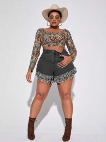 SHEIN SXY 大碼高腰流蘇邊牛仔短褲 - 黑色 - 查看 4