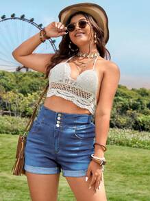 SHEIN VCAY Quần short denim oversized Nút Túi Nút phía trước màu trơn - Rửa trung bình - Xem 1