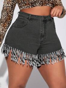 SHEIN SXY 大碼高腰流蘇邊牛仔短褲 - 黑色 - 查看 5
