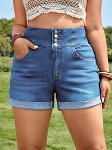 SHEIN VCAY Quần short denim oversized Nút Túi Nút phía trước màu trơn - Rửa trung bình - Xem 4