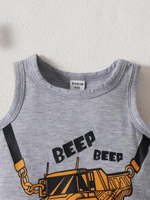 SHEIN 男嬰汽車和字母圖案背心連體衣和前打結短褲 - 灰色 - 查看 3