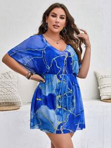 Swim Lushoire Summer Beach Plus Marble Print Batwing Sleeve Knot Front Split Hem Cover Up Dress - Blue - View 3