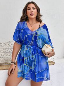 Swim Lushoire Summer Beach Plus Marble Print Batwing Sleeve Knot Front Split Hem Cover Up Dress - Blue - View 5