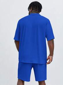 EASEVO Loose Men's Solid Button Front Shirt And Shorts Set - Royal Blue - View 2