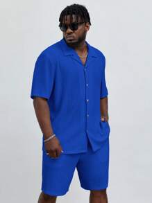 EASEVO Loose Men's Solid Button Front Shirt And Shorts Set - Royal Blue - View 6