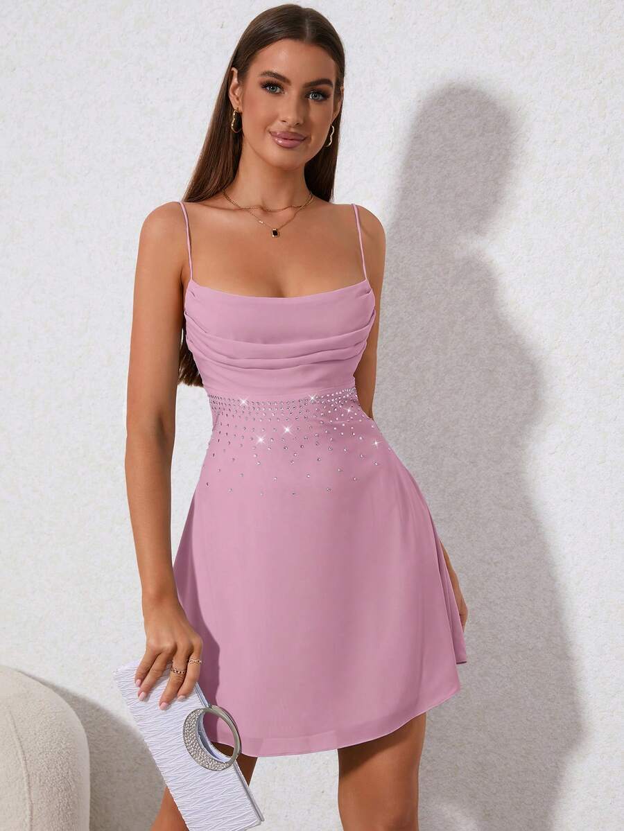 PARTHEA Đầm Lộ Lưng Vắt Ren lên Pha lê kim cương màu trơn Gợi cảm - Hồng - Xem 1