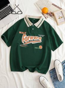 INAWLY Plus Letter Graphic Contrast Collar Polo Shirt - Dark Green - View 1