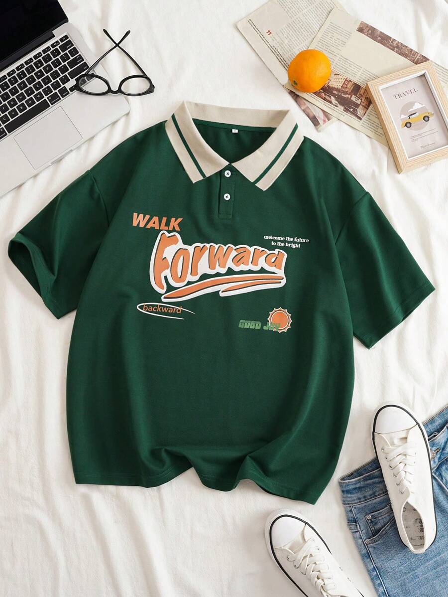 INAWLY Plus Letter Graphic Contrast Collar Polo Shirt - Dark Green - View 1