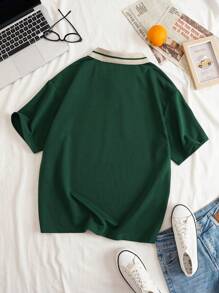 INAWLY Plus Letter Graphic Contrast Collar Polo Shirt - Dark Green - View 2