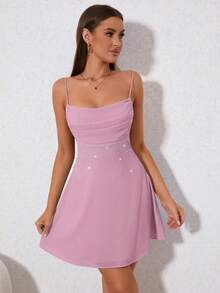 PARTHEA Đầm Lộ Lưng Vắt Ren lên Pha lê kim cương màu trơn Gợi cảm - Hồng - Xem 3