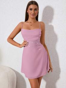 PARTHEA Đầm Lộ Lưng Vắt Ren lên Pha lê kim cương màu trơn Gợi cảm - Hồng - Xem 5