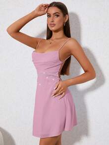 PARTHEA Đầm Lộ Lưng Vắt Ren lên Pha lê kim cương màu trơn Gợi cảm - Hồng - Xem 6