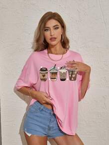 SHEIN EZwear Coffee And Letter Graphic Drop Shoulder Oversized Tee - Pink - View 5