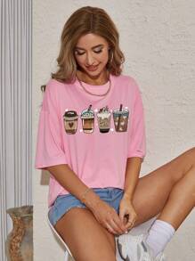 SHEIN EZwear Coffee And Letter Graphic Drop Shoulder Oversized Tee - Pink - View 7