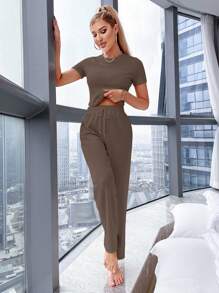 Miss Vinta Solid Tee & Tie Waist Wide Leg Pants Lounge Set Outfit