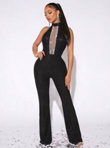 Radiana Lưới tương phản Long lanh Halter Neck Không lưng Chân bùng Áo liền quần Cắt ra Không lưng Bộ đồ bó sát - màu đen - Xem 1