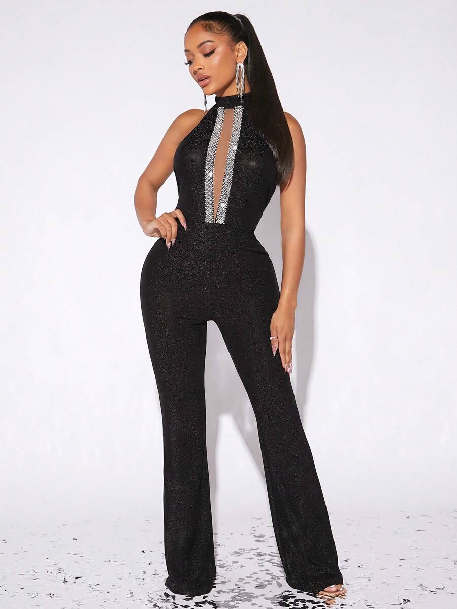 Radiana Lưới tương phản Long lanh Halter Neck Không lưng Chân bùng Áo liền quần Cắt ra Không lưng Bộ đồ bó sát - màu đen - Xem 1