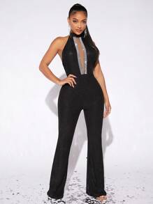 Radiana Lưới tương phản Long lanh Halter Neck Không lưng Chân bùng Áo liền quần Cắt ra Không lưng Bộ đồ bó sát - màu đen - Xem 4