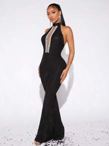 Radiana Lưới tương phản Long lanh Halter Neck Không lưng Chân bùng Áo liền quần Cắt ra Không lưng Bộ đồ bó sát - màu đen - Xem 5