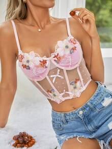 SHEIN Sujetador con bordado floral de malla con aro - Rosa Pálido - Ver 3