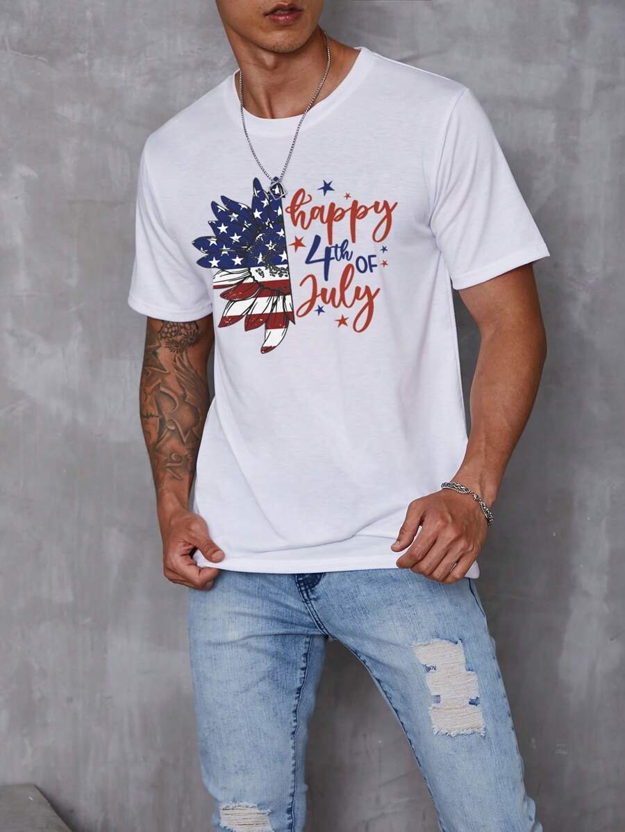 Manfinity Homme Men 1pc Slogan & Americana Floral Print Tee - White - View 1