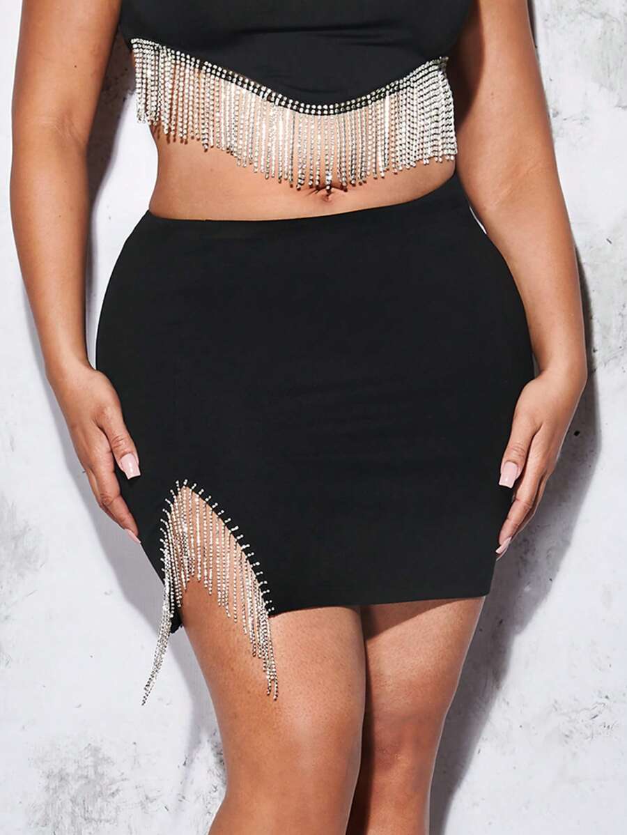 SHEIN BAE Plus Rhinestone Fringe Trim Split Hem Bodycon Skirt - Black - View 1