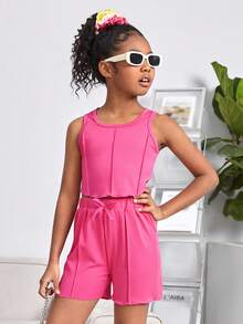 SHEIN Girls Seam Detail Tank Top & Knot Front Shorts - Hot Pink - View 2