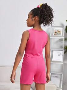SHEIN Girls Seam Detail Tank Top & Knot Front Shorts - Hot Pink - View 3