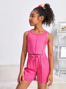 SHEIN Girls Seam Detail Tank Top & Knot Front Shorts - Hot Pink - View 5
