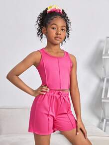 SHEIN Girls Seam Detail Tank Top & Knot Front Shorts - Hot Pink - View 1